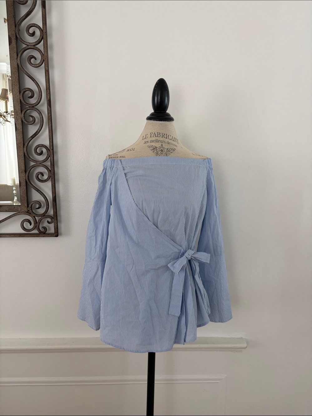Thread & Supply Light Blue Stripe Off-Shoulder Wrap Blouse